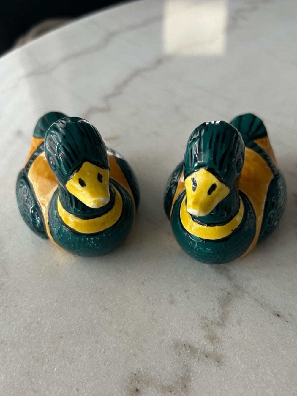 Pair of Green and Yellow Ceramic Duck Figurines